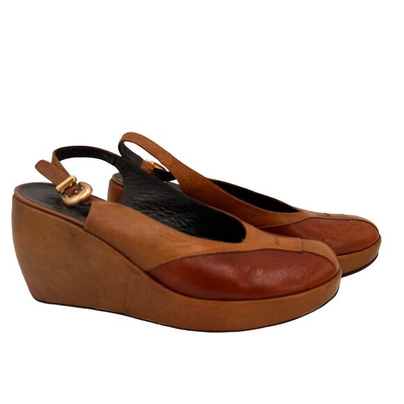Nine West Shoes - Nine West Vintage Y2K Leather Two Toned Brown Wedge Slingback Heels Size 7.5 - 8